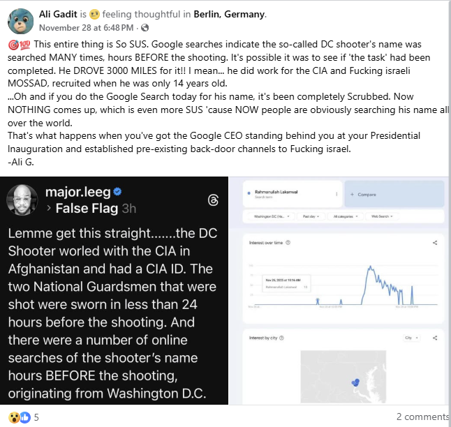 A Facebook post with conspiracy text about a DC shooter, CIA, and Google search activity. Image shows search trend graphs and user reactions.