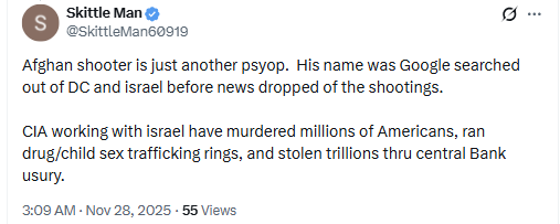 Tweet by Skittle Man discussing conspiracy theories about an Afghan shooter, CIA, and Israel. Timestamp: 3:09 AM, Nov 28, 2025.