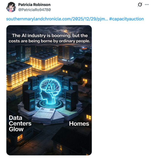 The “Burden” Narrative: Imagery showing data centers glowing brightly while neighborhood houses sit in the dark, suggesting the industry is literally draining the power from families.