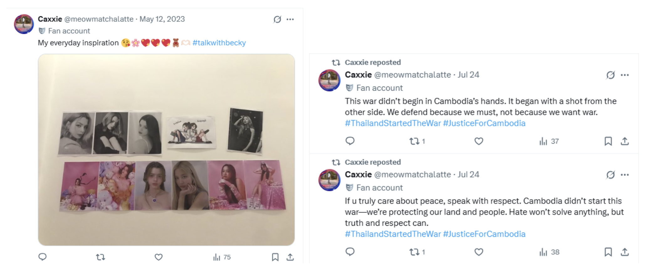 An account that was dedicated to sharing content about Korean singer Baek A-yeon that was dormant since May 2023, the day the Thailand/Cambodia border conflict started, the account became 100% dedicated to sharing political messaging