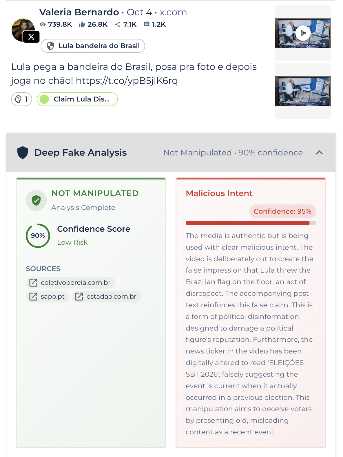 Brinker’s Deep Fake Analysis analyzing one of the first videos to spread the narrative on X and highlighting its Malicious Intent Probability.